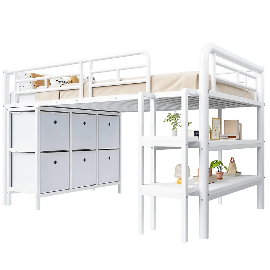 Okwish Lit Mezzanine 90x200 cm - Lit Enfant avec Tiroirs et Étagères, Angles Arrondis - Sans Matelas - Métal et MDF - Blanc Online
