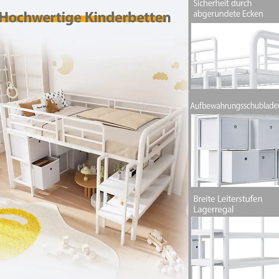 Okwish Lit Mezzanine 90x200 cm - Lit Enfant avec Tiroirs et Étagères, Angles Arrondis - Sans Matelas - Métal et MDF - Blanc Online