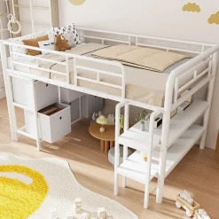 Okwish Lit Mezzanine 90x200 cm - Lit Enfant avec Tiroirs et Étagères, Angles Arrondis - Sans Matelas - Métal et MDF - Blanc Online