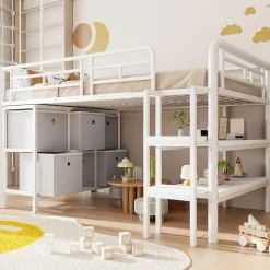 Okwish Lit Mezzanine 90x200 cm - Lit Enfant avec Tiroirs et Étagères, Angles Arrondis - Sans Matelas - Métal et MDF - Blanc Online