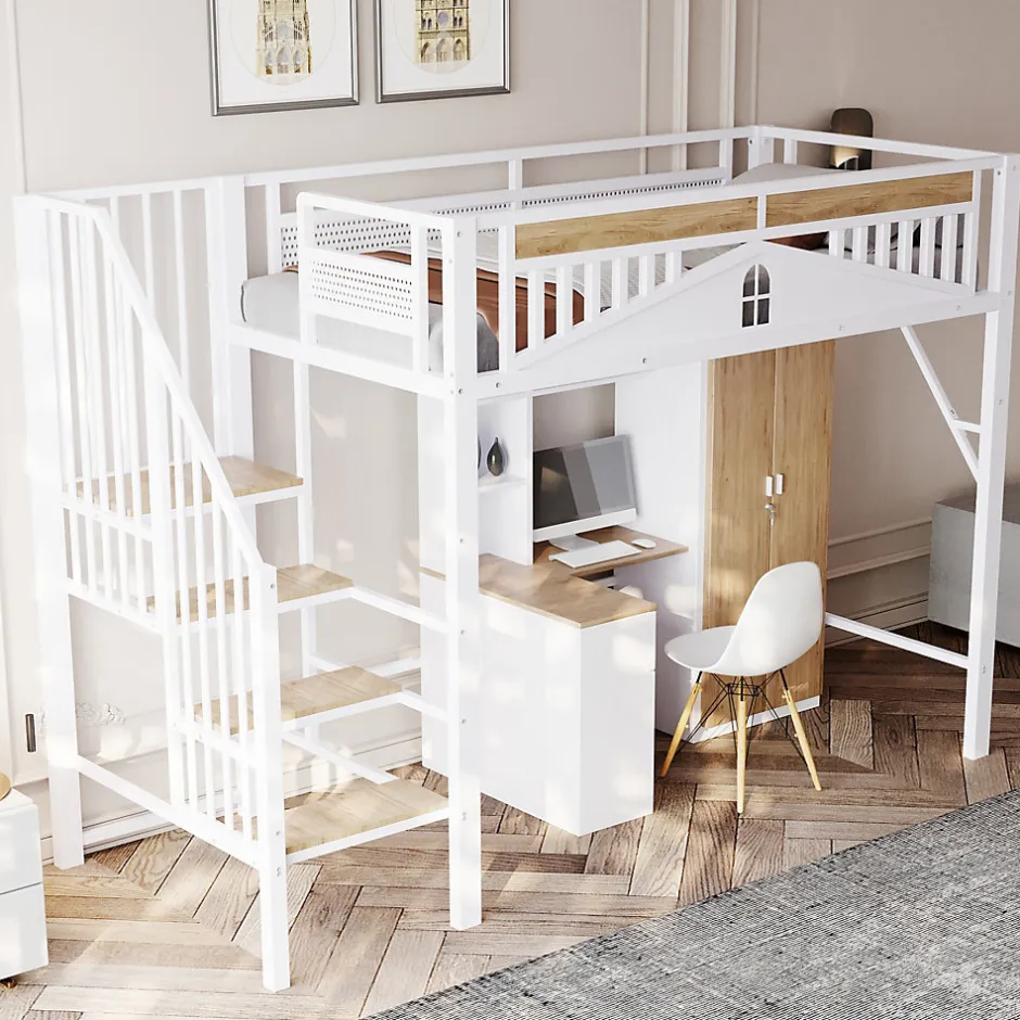 Okwish Lit Mezzanine 90x200 cm - Lit Enfant/Ado avec Escalier de Sécurité, Design Boule et Fenêtre, Métal Blanc