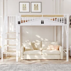 Okwish Lit Mezzanine 90x200 cm - Lit Enfant/Ado avec Escalier de Sécurité, Design Boule et Fenêtre, Métal Blanc
