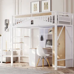 Okwish Lit Mezzanine 90x200 cm - Lit Enfant/Ado avec Escalier de Sécurité, Design Boule et Fenêtre, Métal Blanc