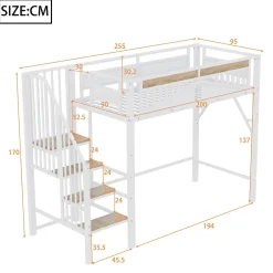 Okwish Lit Mezzanine 90x200 cm - Lit Enfant/Ado avec Escalier de Sécurité, Design Boule et Fenêtre, Métal Blanc