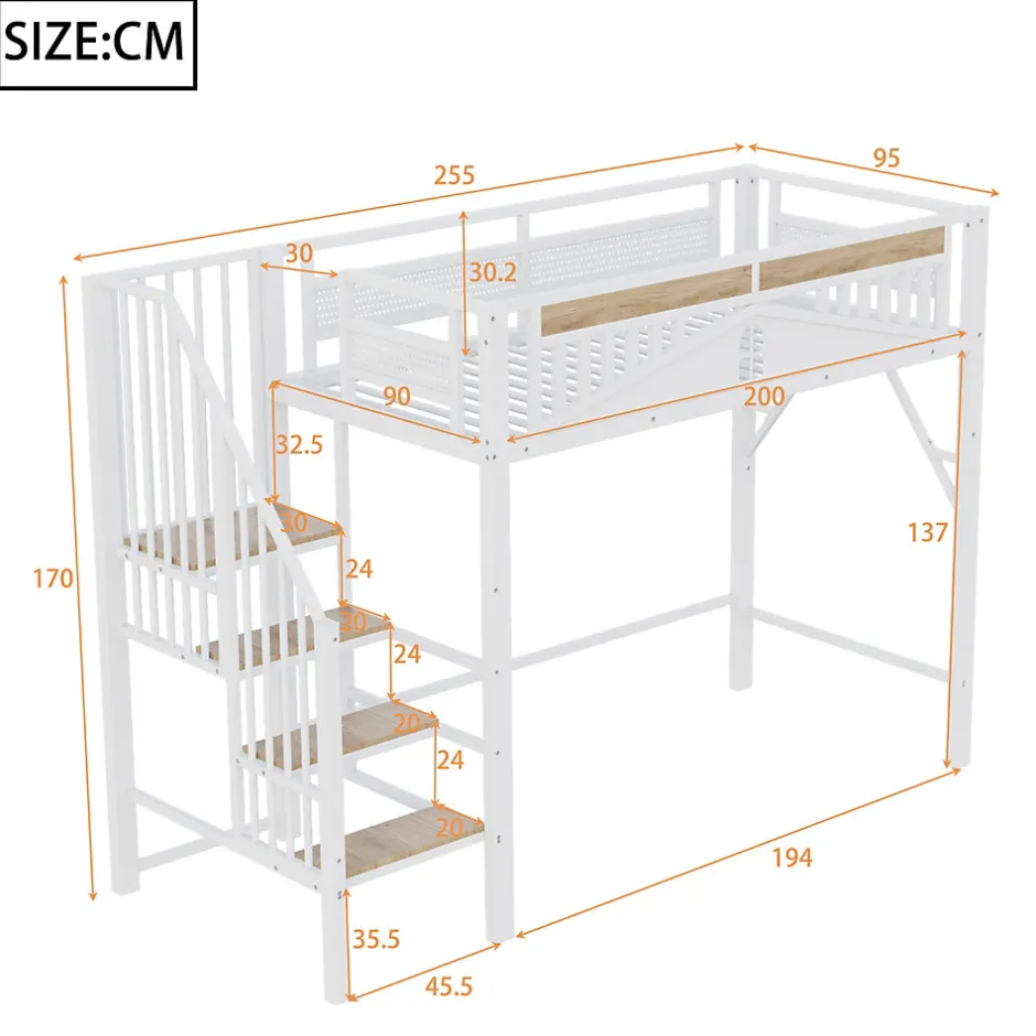 Okwish Lit Mezzanine 90x200 cm - Lit Enfant/Ado avec Escalier de Sécurité, Design Boule et Fenêtre, Métal Blanc