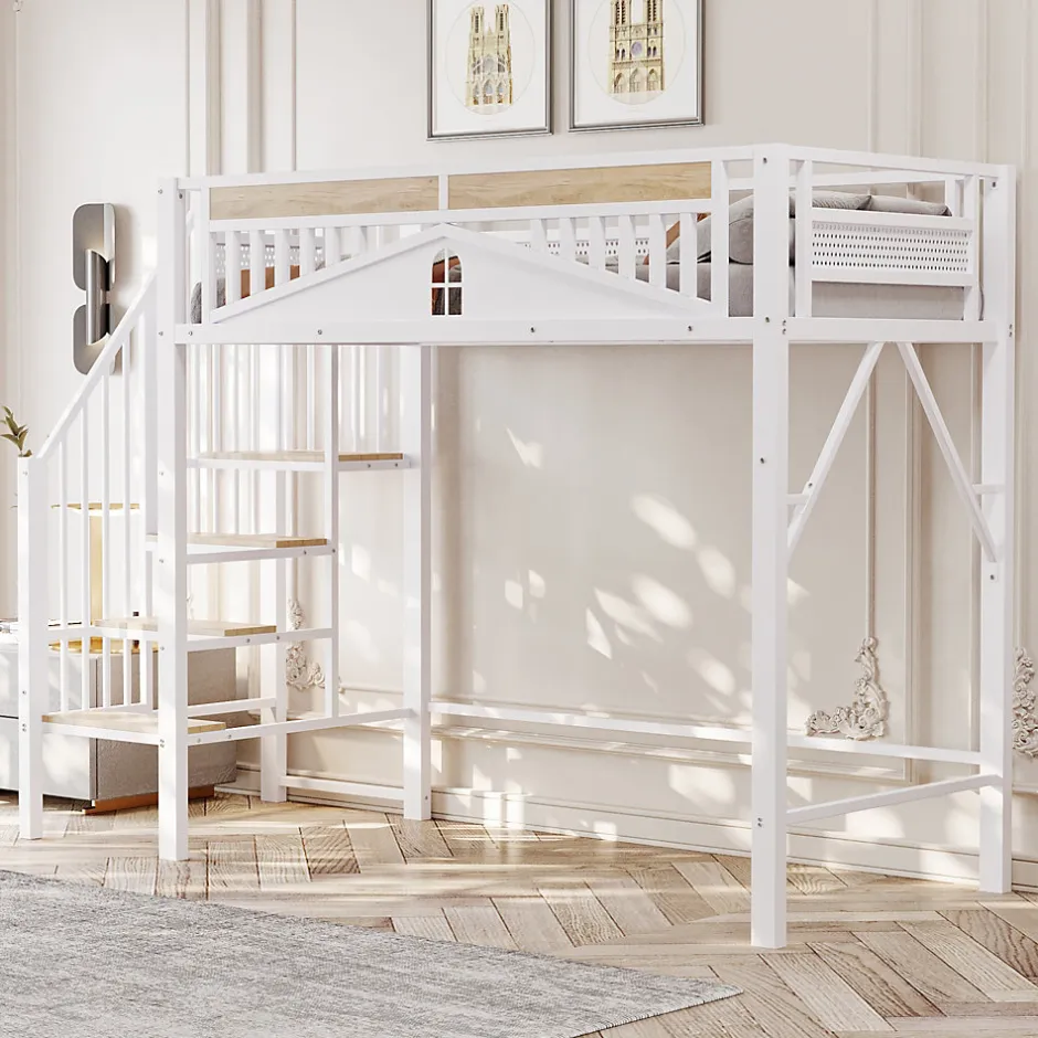 Okwish Lit Mezzanine 90x200 cm - Lit Enfant/Ado avec Escalier de Sécurité, Design Boule et Fenêtre, Métal Blanc