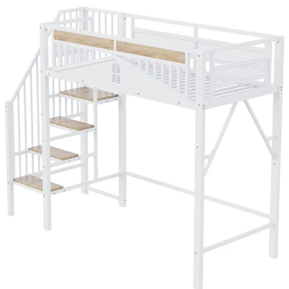 Okwish Lit Mezzanine 90x200 cm - Lit Enfant/Ado avec Escalier de Sécurité, Design Boule et Fenêtre, Métal Blanc