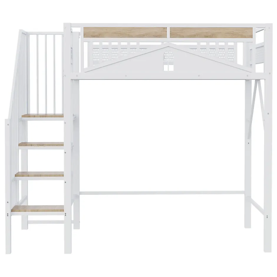 Okwish Lit Mezzanine 90x200 cm - Lit Enfant/Ado avec Escalier de Sécurité, Design Boule et Fenêtre, Métal Blanc