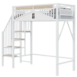 Okwish Lit Mezzanine 90x200 cm - Lit Enfant/Ado avec Escalier de Sécurité, Design Boule et Fenêtre, Métal Blanc