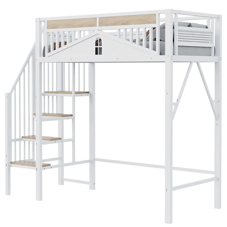 Okwish Lit Mezzanine 90x200 cm - Lit Enfant/Ado avec Escalier de Sécurité, Design Boule et Fenêtre, Métal Blanc
