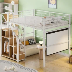 Okwish Lit Mezzanine 140x200 cm - Lit enfant en Métal Blanc avec Échelle de Sécurité et Rangement Intégré, Sans Matelas