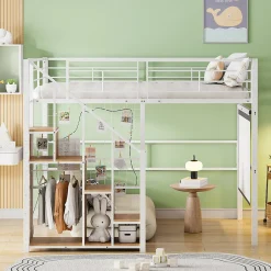 Okwish Lit Mezzanine 140x200 cm - Lit enfant en Métal Blanc avec Échelle de Sécurité et Rangement Intégré, Sans Matelas