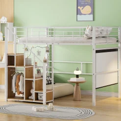 Okwish Lit Mezzanine 140x200 cm - Lit enfant en Métal Blanc avec Échelle de Sécurité et Rangement Intégré, Sans Matelas