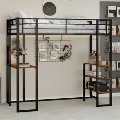Okwish Lit Mezzanine 90x200 cm - Lit Enfant Metal avec Bureau en L, Garde-Corps et Échelle Réversible, Noir, sans Matelas