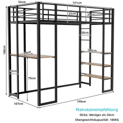 Okwish Lit Mezzanine 90x200 cm - Lit Enfant Metal avec Bureau en L, Garde-Corps et Échelle Réversible, Noir, sans Matelas