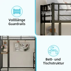 Okwish Lit Mezzanine 90x200 cm - Lit Enfant Metal avec Bureau en L, Garde-Corps et Échelle Réversible, Noir, sans Matelas
