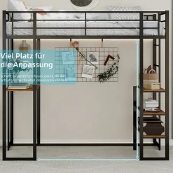 Okwish Lit Mezzanine 90x200 cm - Lit Enfant Metal avec Bureau en L, Garde-Corps et Échelle Réversible, Noir, sans Matelas