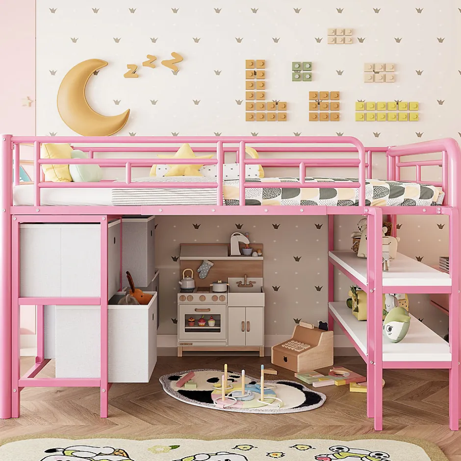 Okwish Lit Mezzanine 90x200 cm - Lit Enfant avec Tiroirs et Étagères, Angles Arrondis - Sans Matelas - Métal et MDF - Rose