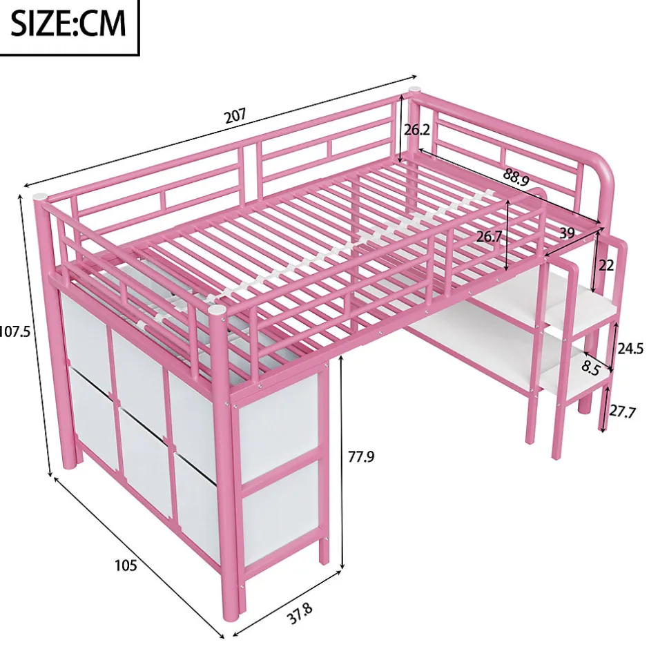 Okwish Lit Mezzanine 90x200 cm - Lit Enfant avec Tiroirs et Étagères, Angles Arrondis - Sans Matelas - Métal et MDF - Rose