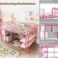 Okwish Lit Mezzanine 90x200 cm - Lit Enfant avec Tiroirs et Étagères, Angles Arrondis - Sans Matelas - Métal et MDF - Rose