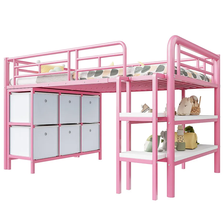 Okwish Lit Mezzanine 90x200 cm - Lit Enfant avec Tiroirs et Étagères, Angles Arrondis - Sans Matelas - Métal et MDF - Rose