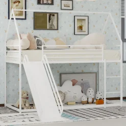 Okwish Lit Mezzanine 90x190 cm - Lit Enfant Simple Style Cabane avec Toboggan et Échelle Sécurisée - en Fer - sans Matelas - Blanc