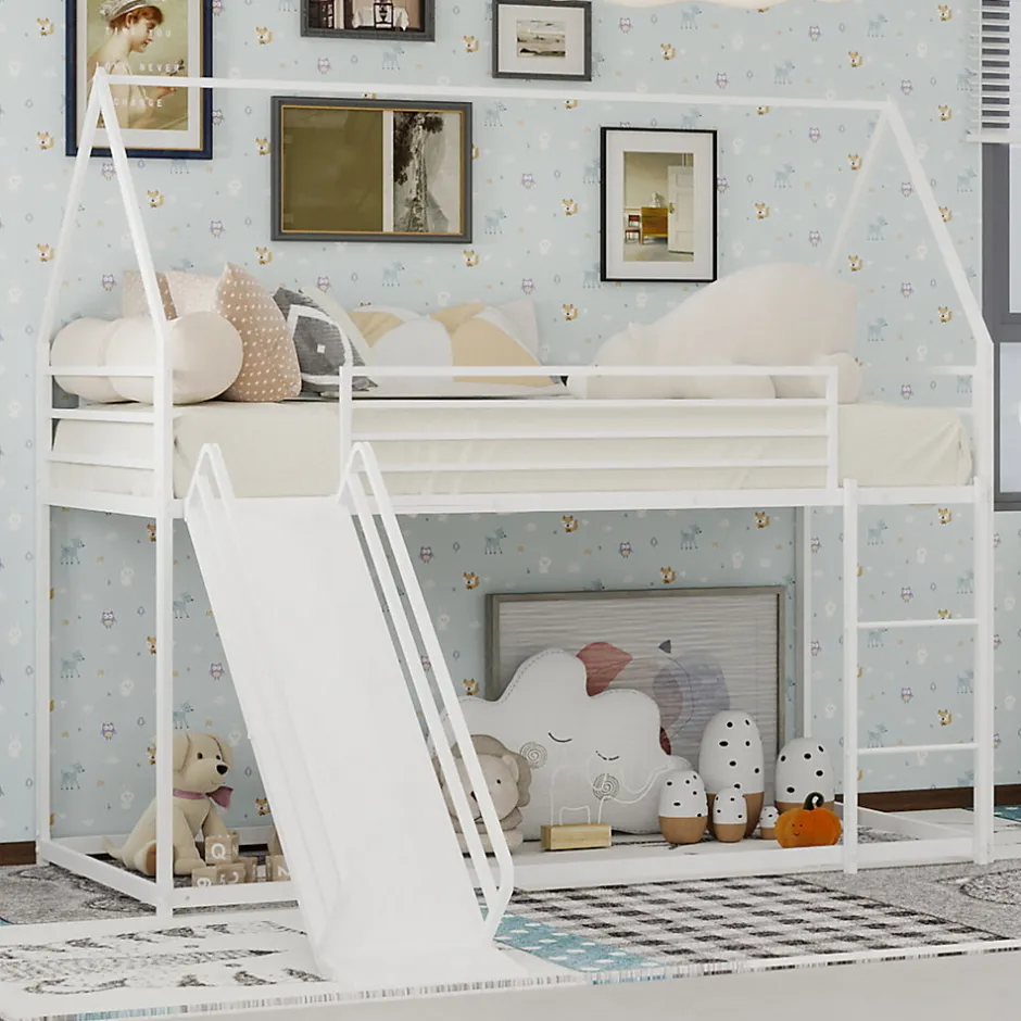 Okwish Lit Mezzanine 90x190 cm - Lit Enfant Simple Style Cabane avec Toboggan et Échelle Sécurisée - en Fer - sans Matelas - Blanc