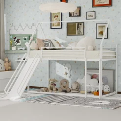 Okwish Lit Mezzanine 90x190 cm - Lit Enfant Simple Style Cabane avec Toboggan et Échelle Sécurisée - en Fer - sans Matelas - Blanc