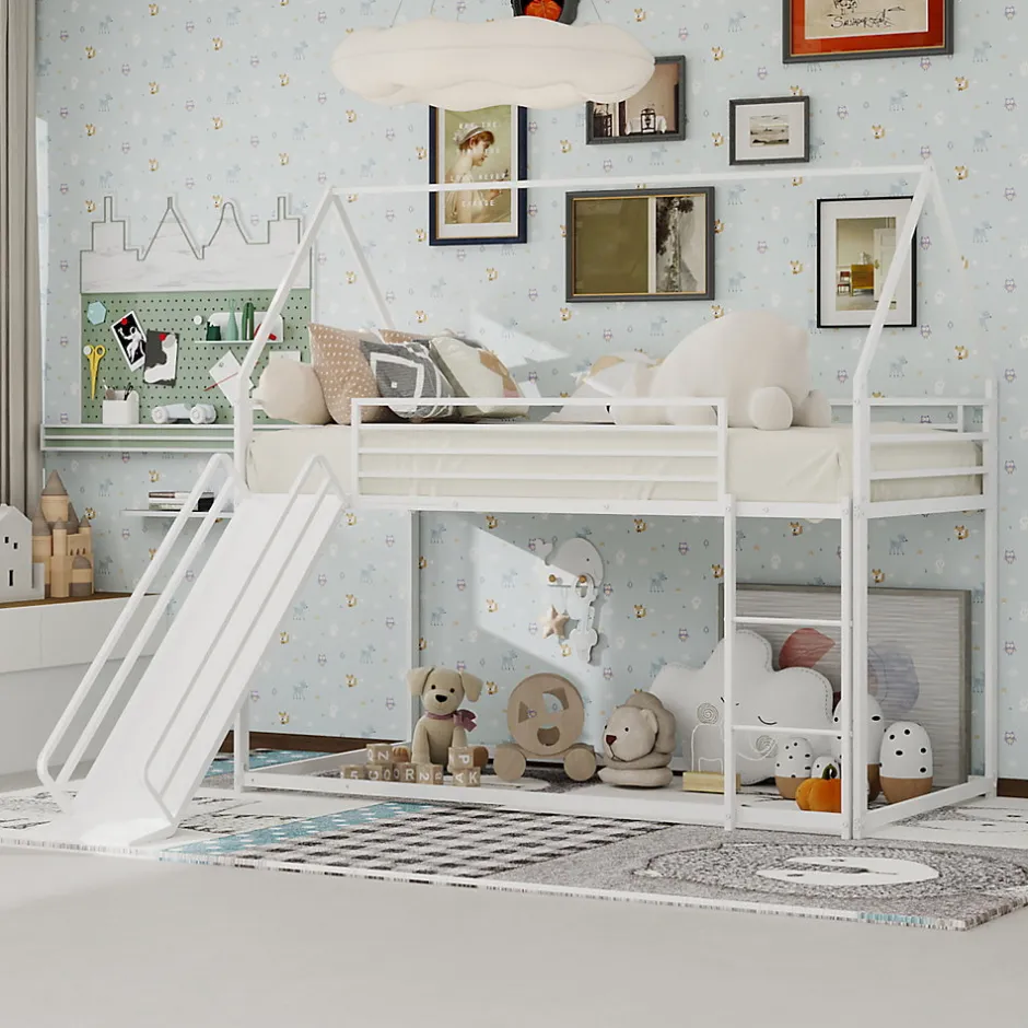 Okwish Lit Mezzanine 90x190 cm - Lit Enfant Simple Style Cabane avec Toboggan et Échelle Sécurisée - en Fer - sans Matelas - Blanc