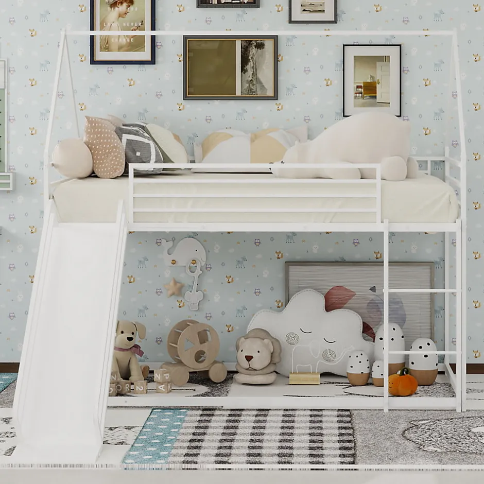 Okwish Lit Mezzanine 90x190 cm - Lit Enfant Simple Style Cabane avec Toboggan et Échelle Sécurisée - en Fer - sans Matelas - Blanc