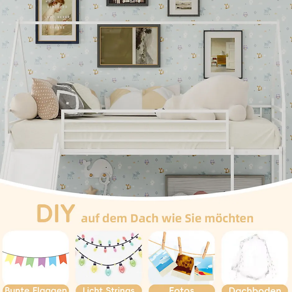 Okwish Lit Mezzanine 90x190 cm - Lit Enfant Simple Style Cabane avec Toboggan et Échelle Sécurisée - en Fer - sans Matelas - Blanc