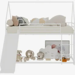 Okwish Lit Mezzanine 90x190 cm - Lit Enfant Simple Style Cabane avec Toboggan et Échelle Sécurisée - en Fer - sans Matelas - Blanc