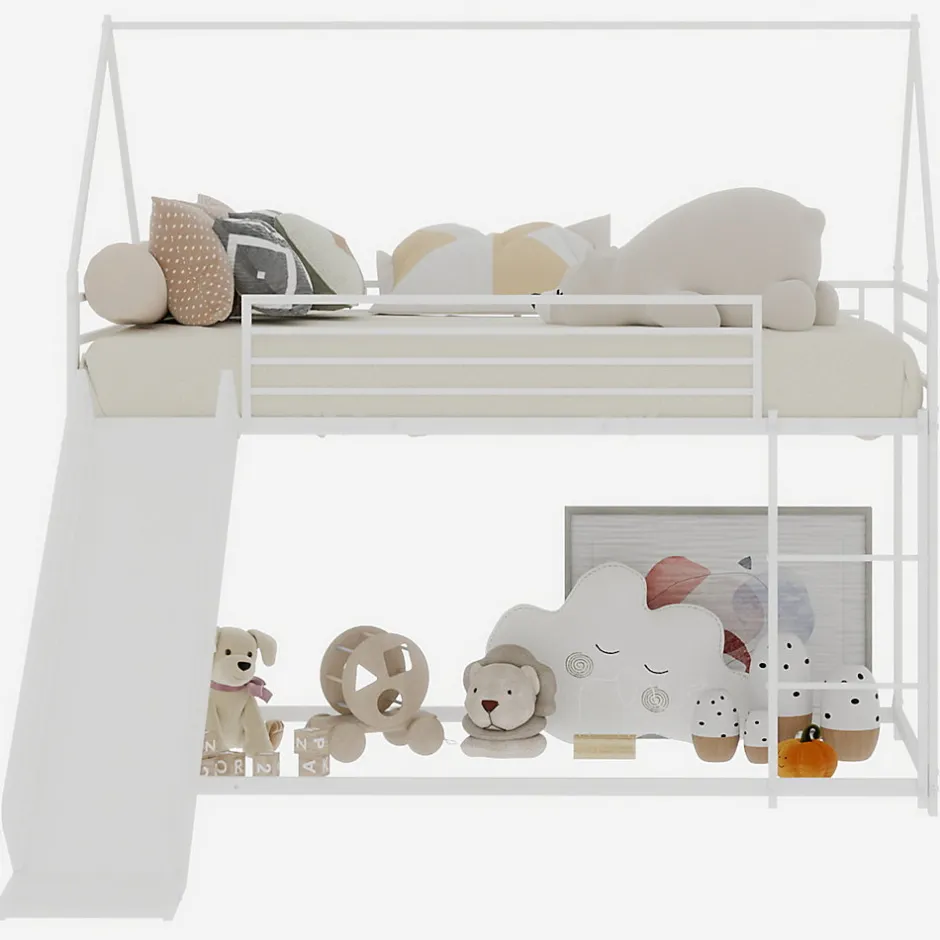 Okwish Lit Mezzanine 90x190 cm - Lit Enfant Simple Style Cabane avec Toboggan et Échelle Sécurisée - en Fer - sans Matelas - Blanc