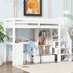 Okwish Lit Mezzanine 90x200 cm - Lit enfant avec Bureau et Rangement, Échelle, MDF - Sans Matelas - Blanc Online