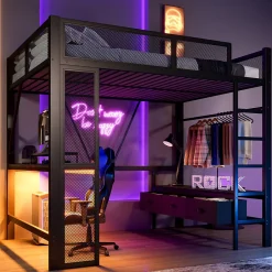 Okwish Lit Mezzanine 140x200 cm - Lit en Métal avec Bureau et Armoire ouverte, Tiroirs de Rangement, LED et USB, Sans Matelas, Noir