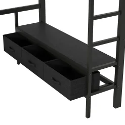 Okwish Lit Mezzanine 140x200 cm - Lit en Métal avec Bureau et Armoire ouverte, Tiroirs de Rangement, LED et USB, Sans Matelas, Noir