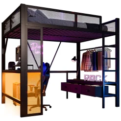 Okwish Lit Mezzanine 140x200 cm - Lit en Métal avec Bureau et Armoire ouverte, Tiroirs de Rangement, LED et USB, Sans Matelas, Noir