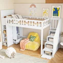 Okwish Lit Mezzanine 90x200 cm - Lit enfant avec Échelle et Rangement, Lit Combiné avec Espace de Rangement, Bois Massif - Blanc Online