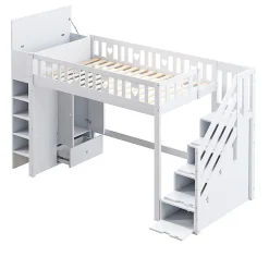 Okwish Lit Mezzanine 90x200 cm - Lit enfant avec Échelle et Rangement, Lit Combiné avec Espace de Rangement, Bois Massif - Blanc Online