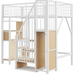 Okwish Lit Mezzanine 90x200 cm - Lit enfant et Adulte avec Rangement, Étagères et Escalier Sécurisé, Métal Blanc, Sans Matelas Outlet