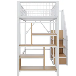 Okwish Lit Mezzanine 90x200 cm - Lit enfant et Adulte avec Rangement, Étagères et Escalier Sécurisé, Métal Blanc, Sans Matelas Outlet