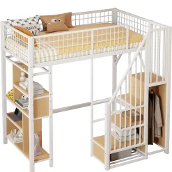 Okwish Lit Mezzanine 90x200 cm - Lit enfant et Adulte avec Rangement, Étagères et Escalier Sécurisé, Métal Blanc, Sans Matelas Outlet