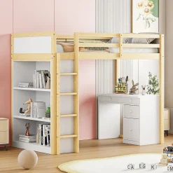 Okwish Lit Mezzanine 90x200 cm - Lit enfant avec Bureau et Rangement, Lit Combiné Bois Naturel et Blanc, Sans Matelas Discount