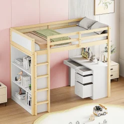 Okwish Lit Mezzanine 90x200 cm - Lit enfant avec Bureau et Rangement, Lit Combiné Bois Naturel et Blanc, Sans Matelas Discount