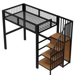 Okwish Lit Mezzanine 90x200 cm - Lit enfant avec Rangement, Étagères et Armoire Intégrée, Métal Noir, Échelle Sécurisée, Sans Matelas