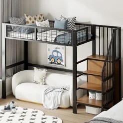 Okwish Lit Mezzanine 90x200 cm - Lit enfant avec Rangement, Étagères et Armoire Intégrée, Métal Noir, Échelle Sécurisée, Sans Matelas