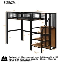 Okwish Lit Mezzanine 90x200 cm - Lit enfant avec Rangement, Étagères et Armoire Intégrée, Métal Noir, Échelle Sécurisée, Sans Matelas