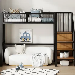 Okwish Lit Mezzanine 90x200 cm - Lit enfant avec Rangement, Étagères et Armoire Intégrée, Métal Noir, Échelle Sécurisée, Sans Matelas