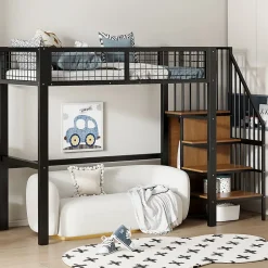 Okwish Lit Mezzanine 90x200 cm - Lit enfant avec Rangement, Étagères et Armoire Intégrée, Métal Noir, Échelle Sécurisée, Sans Matelas