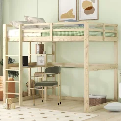Okwish Lit Mezzanine 140x200 cm - Lit en Bois avec Bureau et 4 Compartiments de Rangement, Lit en Pin Naturel, Sans Matelas Best